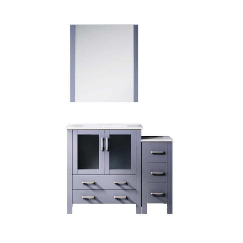 Meuble-lavabo gris foncé de 42 po W, armoire latérale, plateau en céramique blanche, miroir 28, fonctionnalité de fermeture en douceur, cinq tiroirs et un tiroir rayé gris, conception à fermeture, tiroirs de rangement, surface