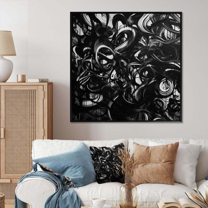Nithila noir et graffiti de marbre II sur toile, H 24 po x l 24 po x P 1 po, Cadre flottant noir