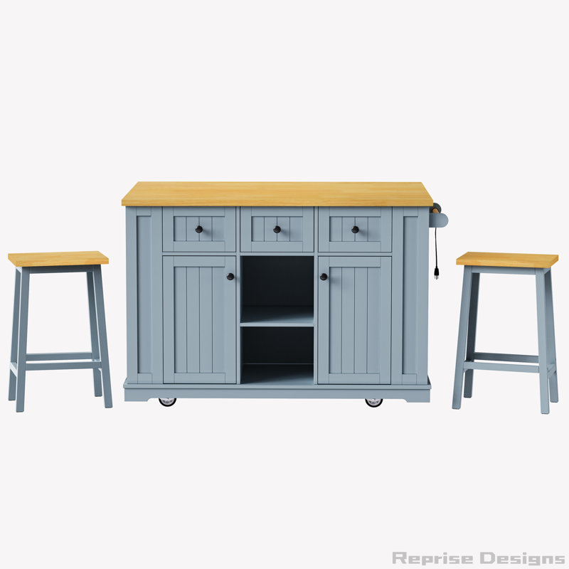 53inch Large Kitchen Island with 2 Bar Stools,Drop Leaf and Power Outlet, Gray/Blue
