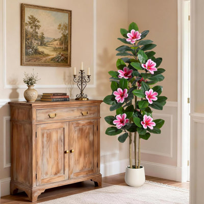 Arbre de caoutchouc artificiel de 5 pi avec plusieurs troncs, plante d'intérieur artificielle avec des feuilles et des fleurs en contact avec le pot - Décoration de maison et de bureau