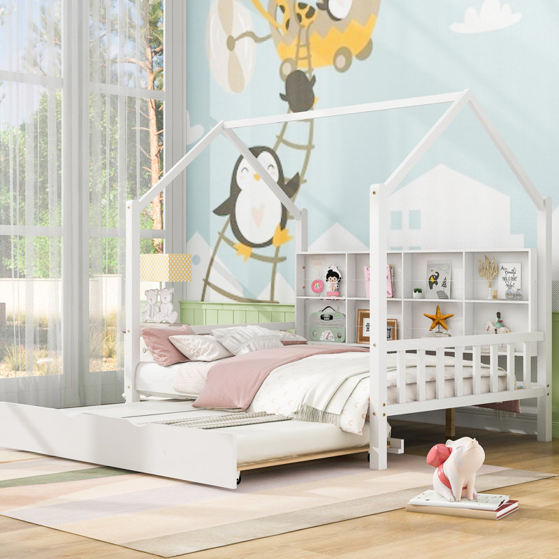 White, Full Size, House Bed, Trundle, Shelf, , Playhouse - Formed Tale Play, Shelf With Rope Roofed Relaxed And Fun Filled Space, Space Saving