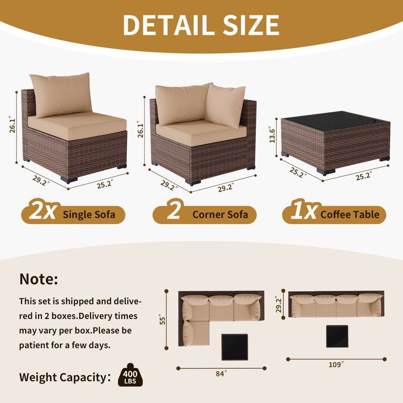 Ensemble de conversation de patio 5 pièces avec table basse et coussins, Beige