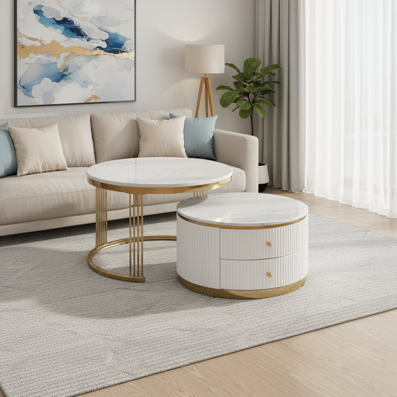 Tables basses gigognes modernes, rondes blanches, avec tiroirs