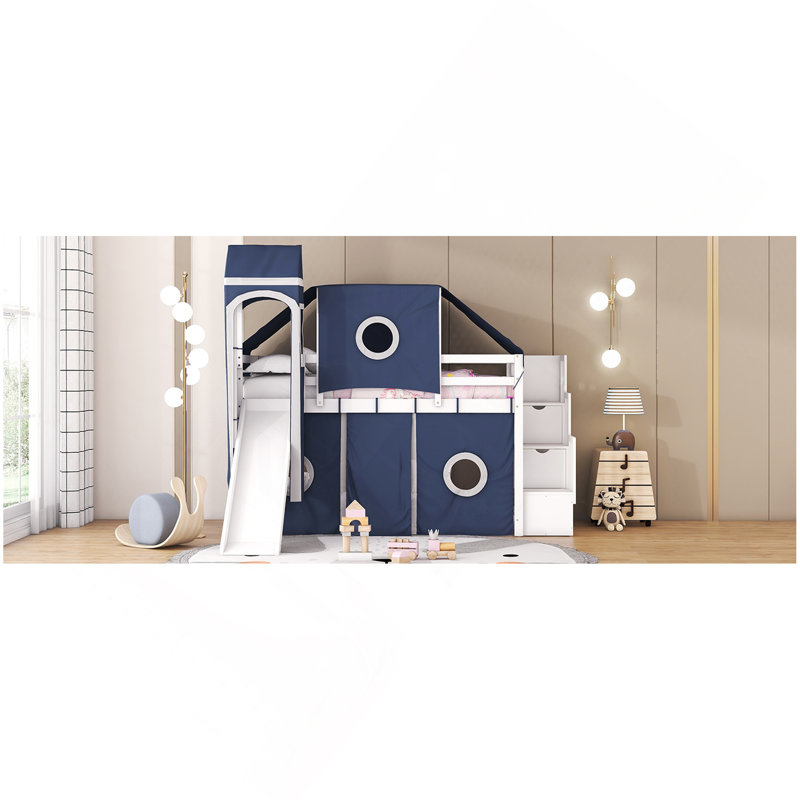 Lit mezzanine simple avec tente et tour, Bleu