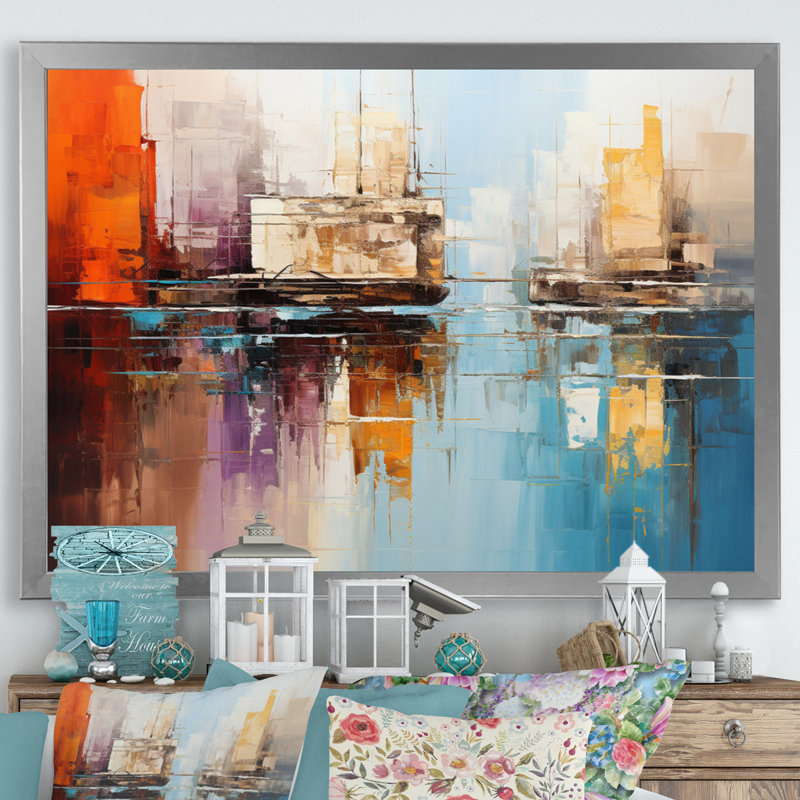 Teal Canal Abstract Reflections Bold - impression, H 24 po x l 32 po x P 1 po, Cadre photo argenté