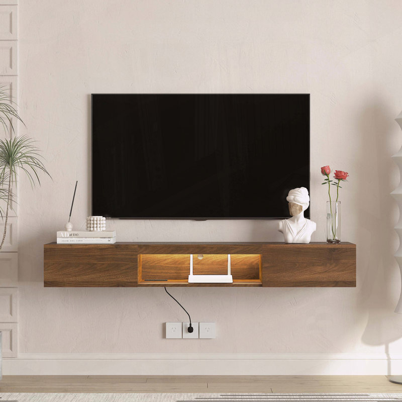 Meuble télé flottant avec 16 DEL de couleur pour 55 60 65 pouces, H 8,66 po x L 62,99 po x l 12,2 po, Bois