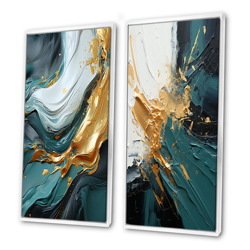 Or et vert cascade de marbre blanc IV - ensemble de 2 reproductions d'art abstrait, H 28 po x l 25 po, Cadre flottant blanc