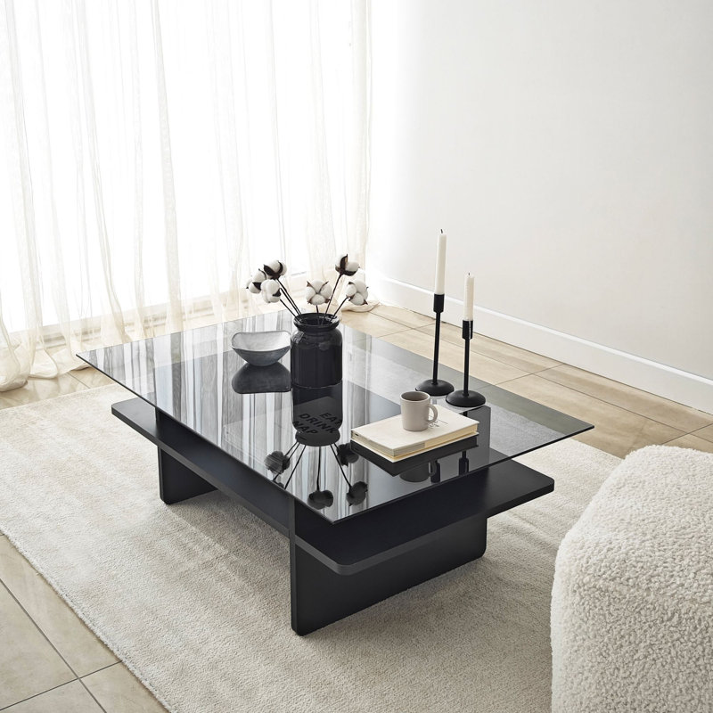 Table basse moderne avec plateau 100% verre trempé, couleur saphir et transparent, 41,3 po x 13,8 po x 25,6 po | 100% panneau de particules enduit de mélamine, épaisseur de 0,71 pouce | Design élégant et fonctionnel pour le salon