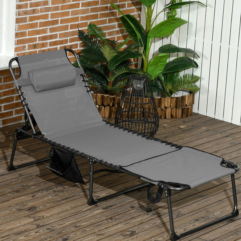 Chaise de patio grise avec 5 dossiers, une poche de rangement et un trou pour le bain de soleil extérieur, 5 angles d'inclinaison, trou de lecture latéral, pliable, gris, patio, plage
