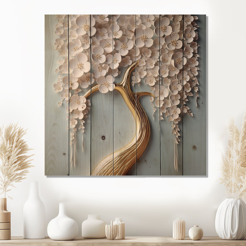 Orchidée blanche jardin de branches VI sur bois, H 35 po x l 35 po x P 0,78 po