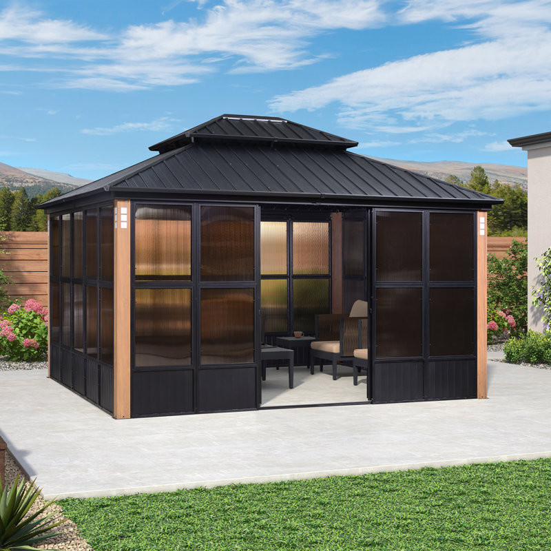 PURPLE LEAF 12' W x 14' D Patio Hardtop Gazebo Double Top Outdoor Screen House Aluminum Solarium Backyard Sun Room