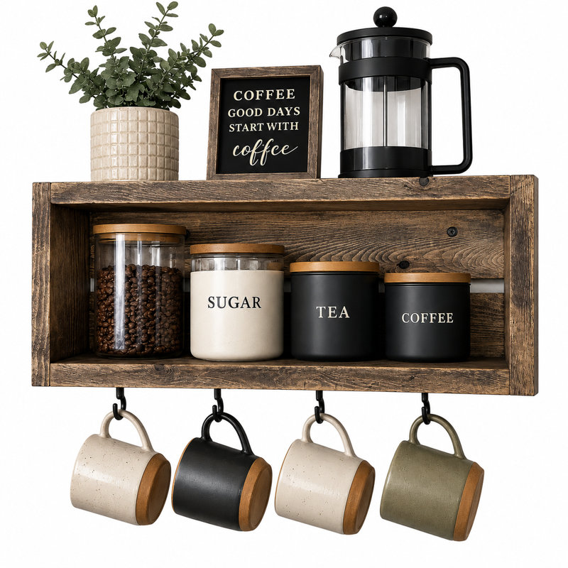 Organisateur mural de bar à café / thé Rustic, Dark Walnut, 20 Inch Width