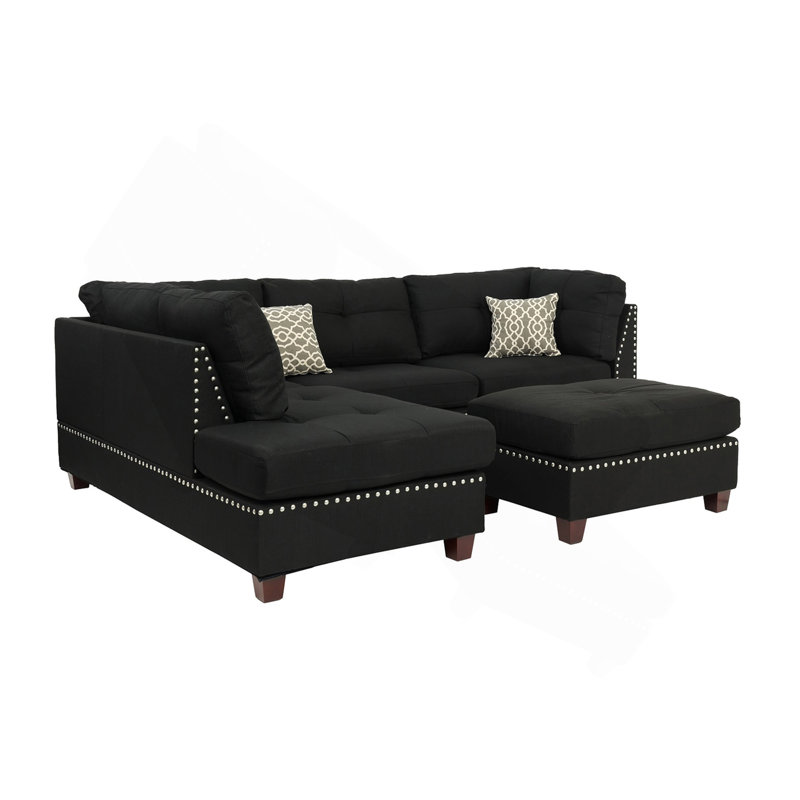 Reversible Polyfiber Sectional Sofa With Ottoman, Black, Black Fabric