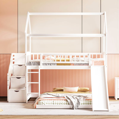 Twin Over Bunk Bed With Slide - Versatile Setup, White Hue Space Saving Twin, Elegance