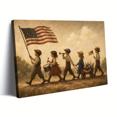 «Vintage Patriotic Children Parade», drapeau américain, tambour, corne, wagon, peinture à l'huile sur toile, décoration murale, maison de campagne