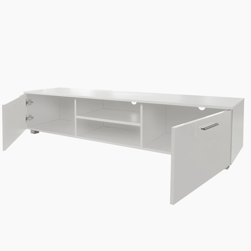 Meuble télé, console multimédia, 2 armoires de rangement avec tablettes ouvertes pour 70 po, Blanc