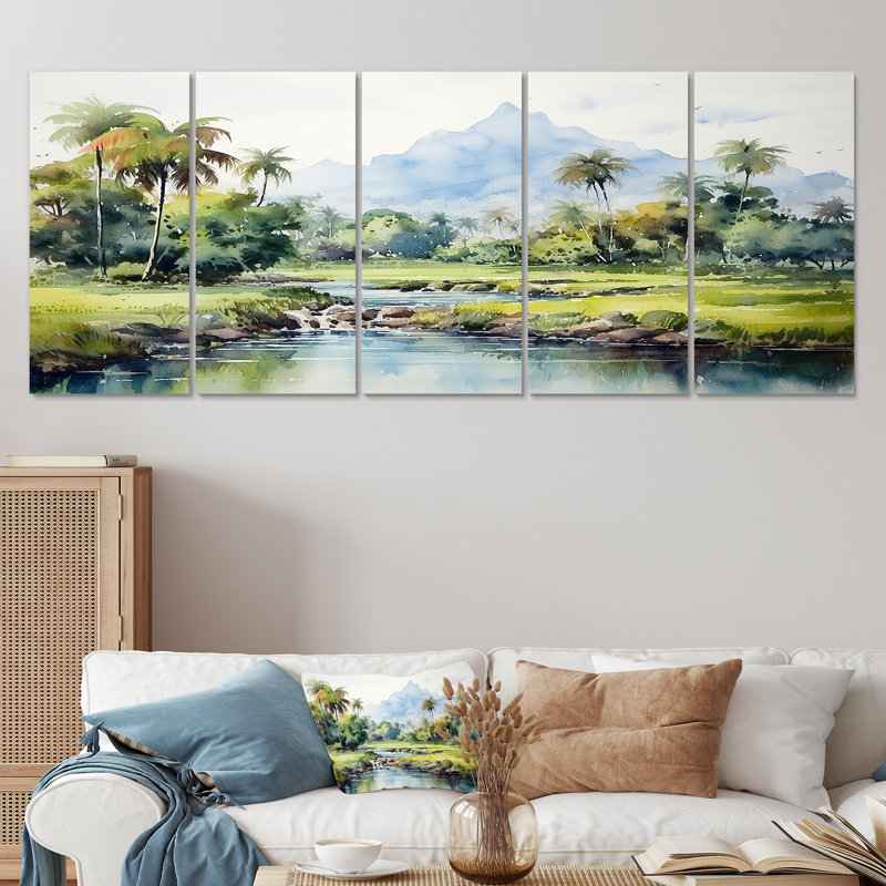 Indonésien, campagne, Indonésie, art mural 5 pièces, H 28 po x l 60 po