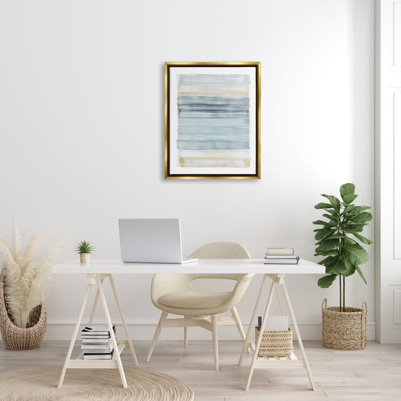 «Tranquil Blue Beige Stripes», peinture décontractée, encadrée or métallique, art mural par Dan Meneely