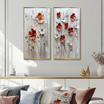 «Red Blooming Poppies Melody I» - ensemble d'art mural 2 coquelicots