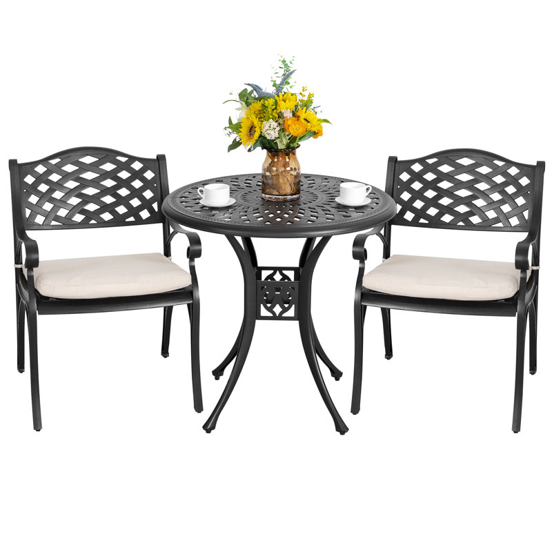 Outdoor 3-piece Cast Aluminum Bistro Set With Cushions, Beige