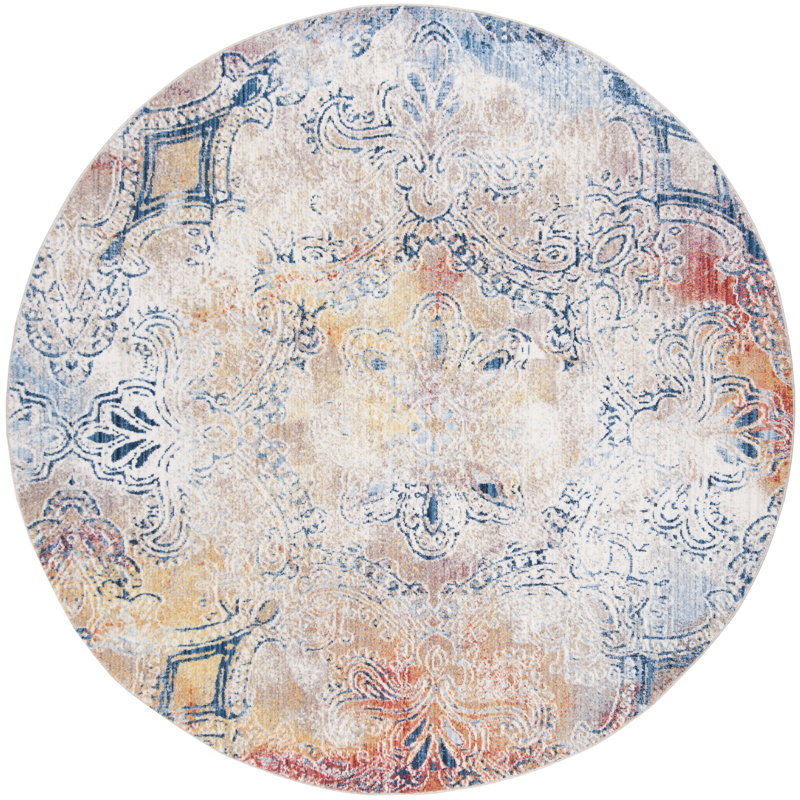 Tapis bleu / rouge à motif floral Massad, Rond 7 pi