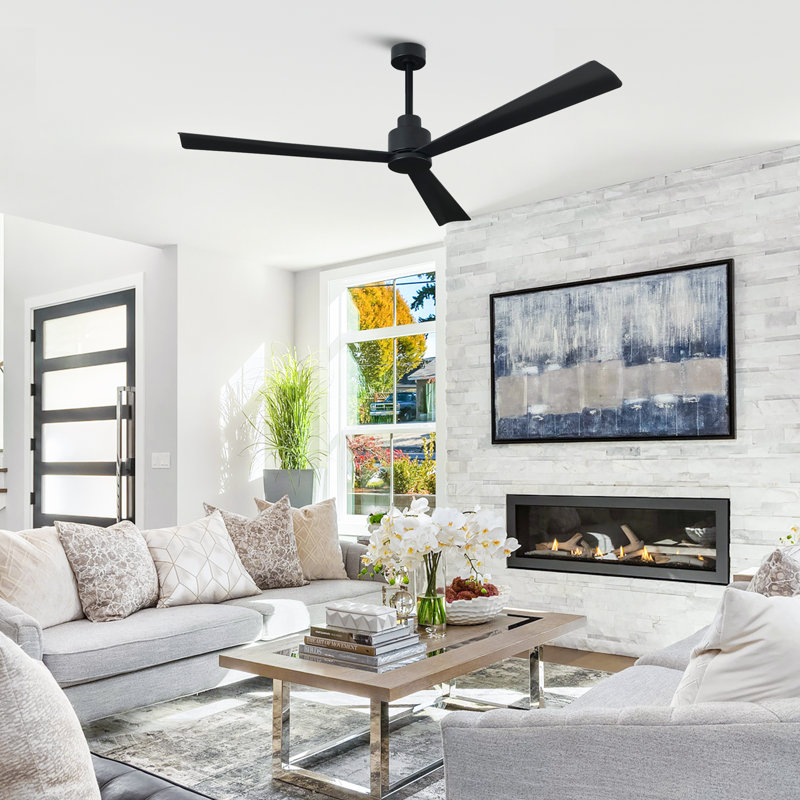 52" Modern 3-Blade Propeller Ceiling Fan without Lights, Remote Control Included, 5"/10" Downrods,, Black