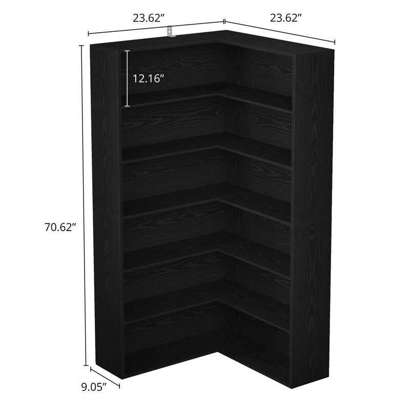 Corner Bookshelf With Baffles, 6 Tier Large Corner Shelf Storage Display Rack For Living Room Home Office, Black