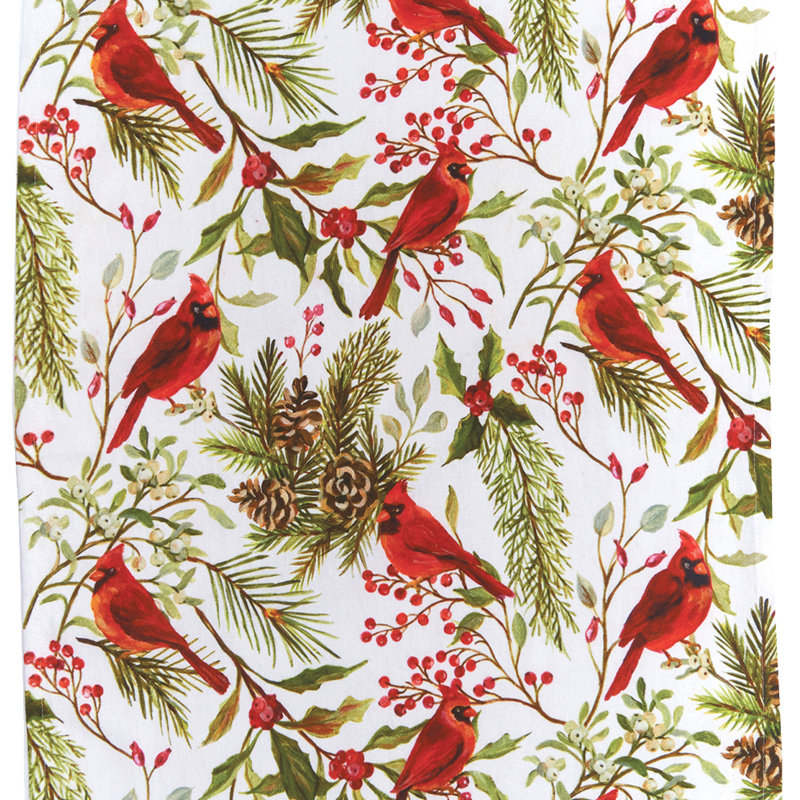 Red Cardinal Greenery & Plaid Printed 100% Cotton Flour Sack Dishtowels, Set of 2