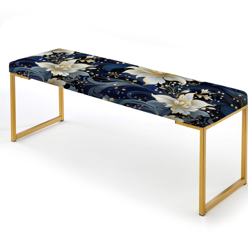 Astral Blue White Damask Radiance II - Damask Upholstered Gold Bench
