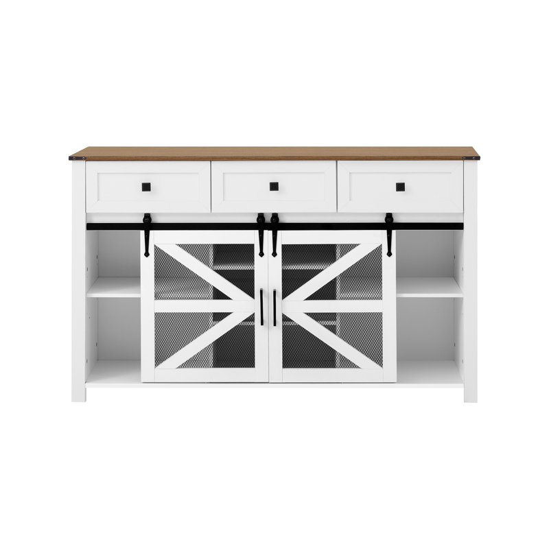 55'' Sliding Barn Door Sideboard Buffet Cabinet with 3 Drawers, Adjustable Shelves, Metal Mesh & Particleboard Doors, Aluminum Handles