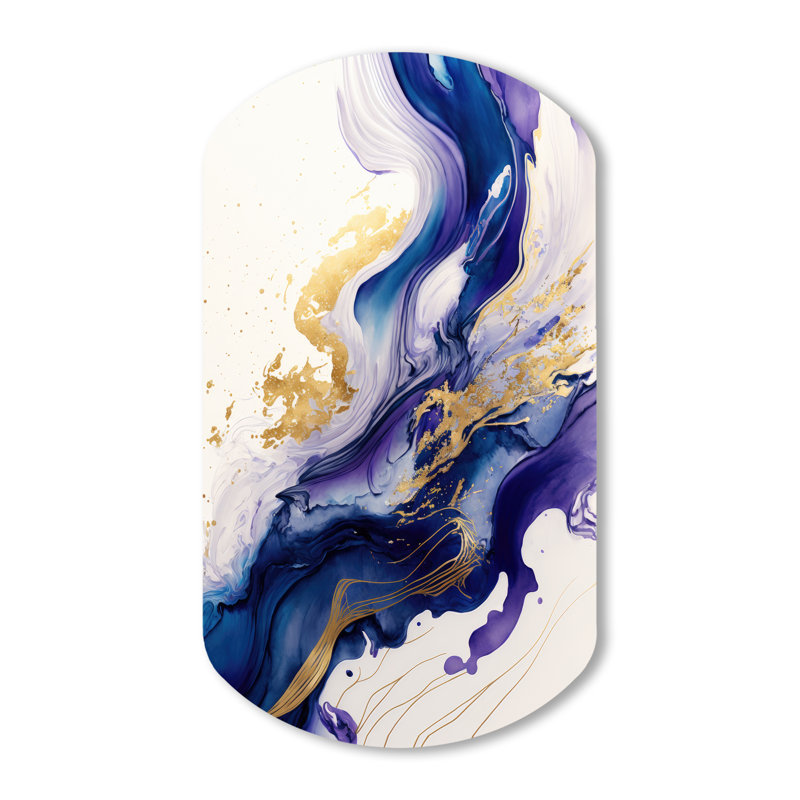 «Blue and Gold Splash Paint IV - Abstract Spirals Cylinder», art mural en métal pour le salon, impression asymétrique bleue sur métal