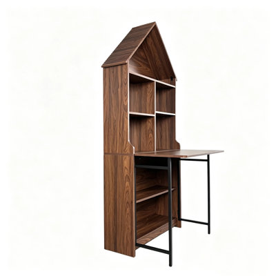 Bookshelf with Fold out Desk:73.22"House-shaped Bookcase with Storage,Adjustable Height,Convertible Hideaway Desk to bookshelf,convertible folding desks for Small Spaces - for Living Room Home Office