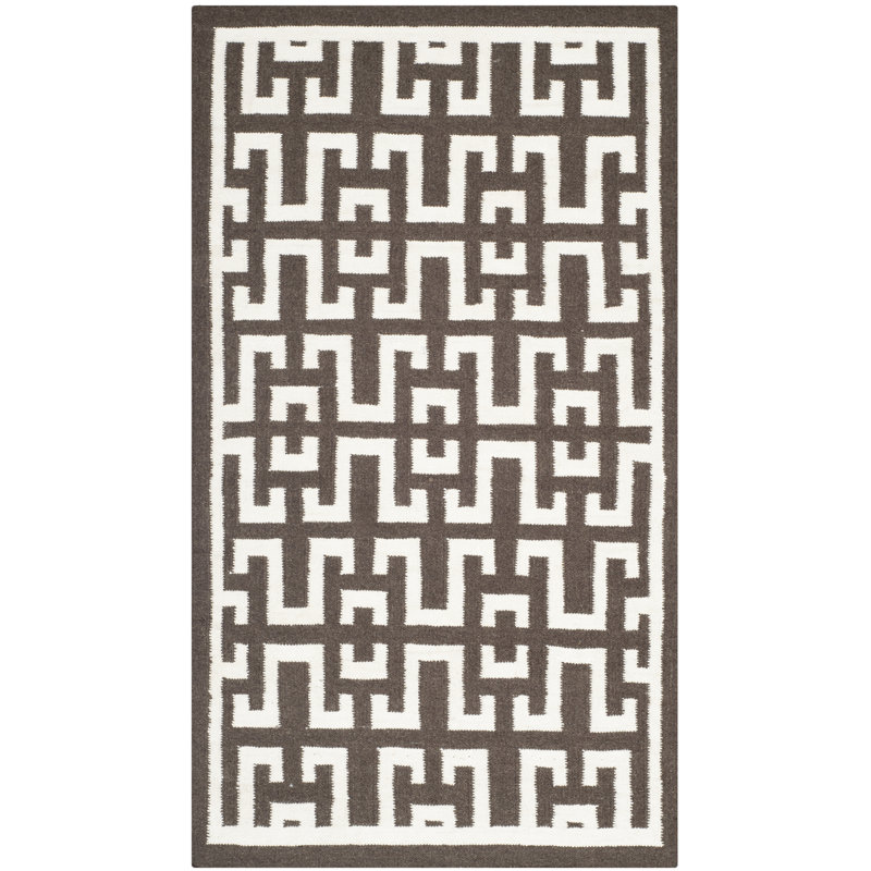 Amelah Flat Weave Banana Silk/Wool/Cotton Geometric Rug in Chocolate/Ivory, Rectangle 4' x 6'