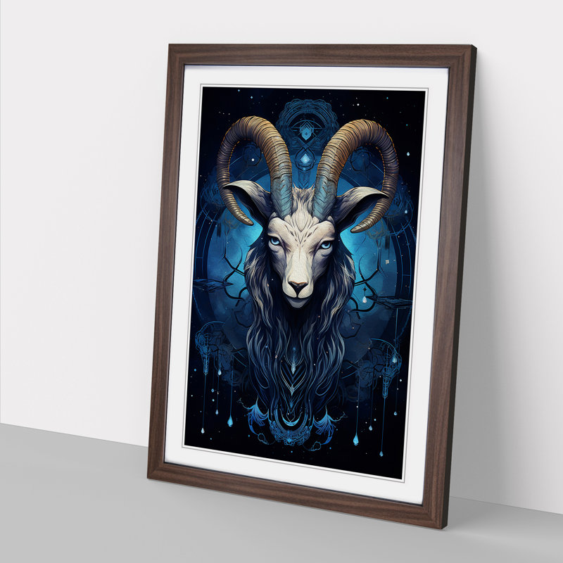 Capricorn Zodiac Geometric - Single Picture Frame Print on Wood, 64cm H x 46cm W x 2cm D, Walnut 