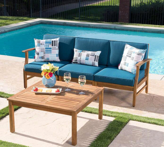 Perla 3 Seater Sofa And Table Set, Blue, Natural Wood