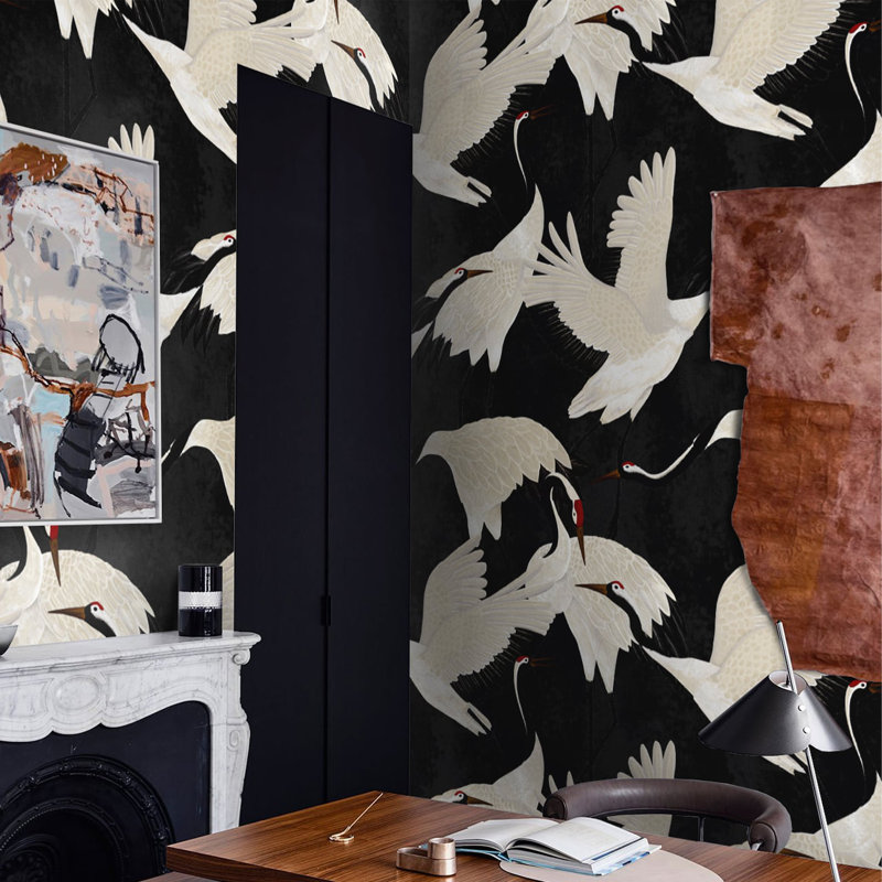 Black Herons Chinoiserie Wallpaper White