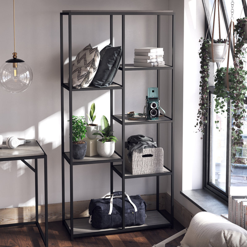 Aimslee 180cm H x 86cm W Stainless Steel Etagere Bookcase, Grey Oak/Black