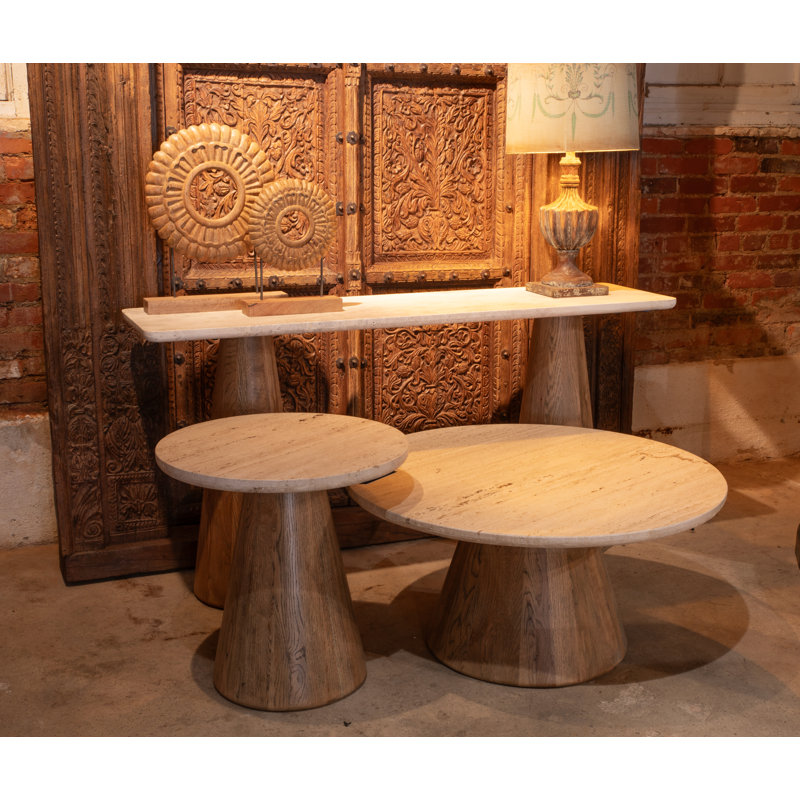 Table basse Eichler avec travertin blanc et base en chêne clair