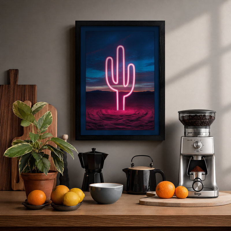 Neon Saguaro Modern - Framed Print, A1 - 84.1 x 59.4 cm, Black