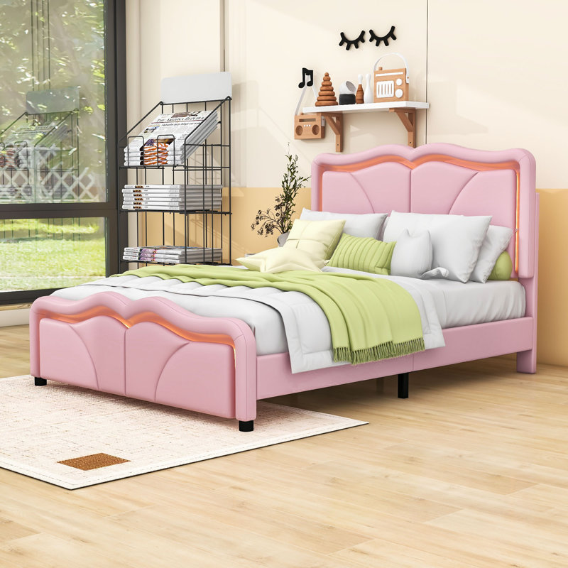 Lit plateforme tapissier à hauteur réglable Noelany avec éclairage DEL, Simple, Rose