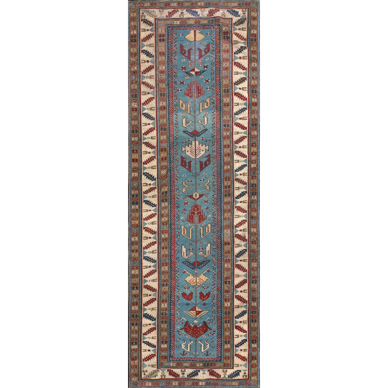 Light Blue Color Tribal Geometric Design Antique Mid 19th century Caucasus Shirvan Runner Rug