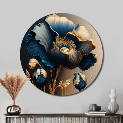 Deep Blue And Gold Single Flower V - Floral Round Metal Art
