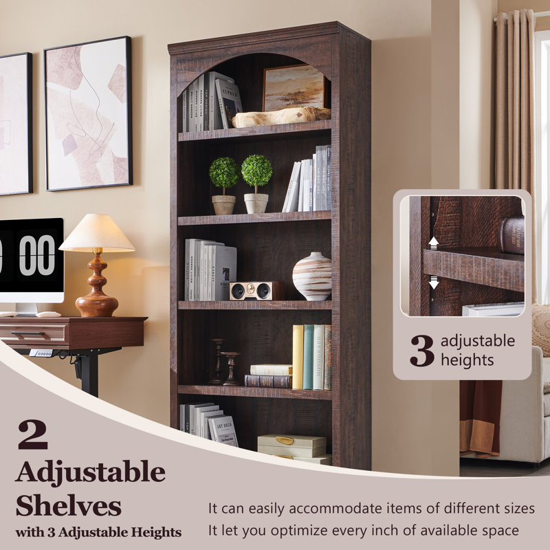 76" Tall Arched Bookcase, 5-Tier Large Arched Shelving Unit with Adjustable Shelves, Featuring Storage and Open Display Shelves