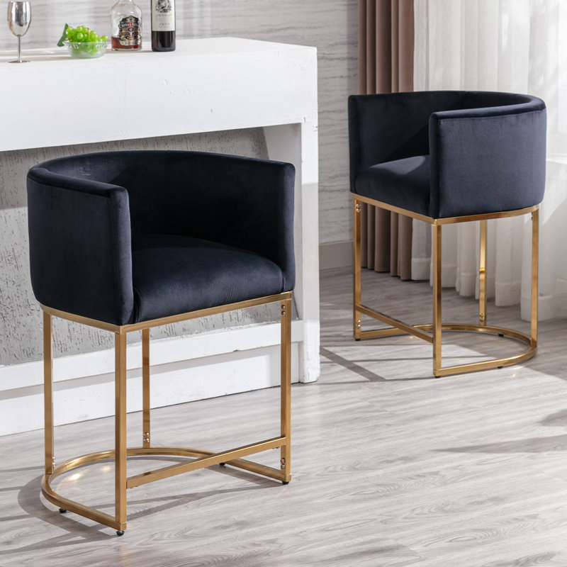 Shalon Modern Bar Stools Upholstered Fabric Counter Height Barstools Kitchen Counter Island Stools, Black Velvet/Gold Frame