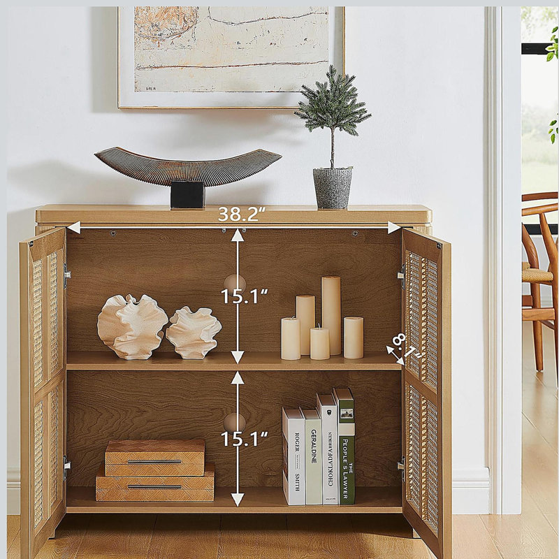 39.4" Rattan Sideboard Buffet Cabinet with 2 Outlet Holes, Coffee Bar Wine Bar Credenza, Retro Storage Cabinet, Natural/Gray