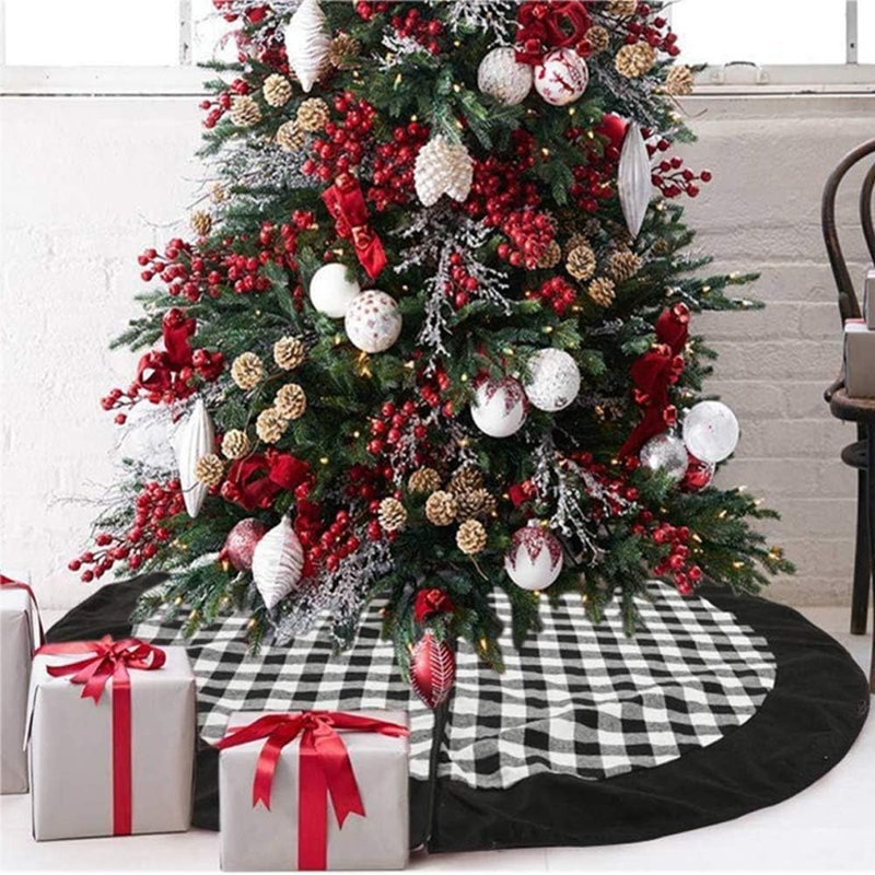 Jupe de sapin de Noël à carreaux noirs et blancs, double couche, décoration rustique pour les fêtes