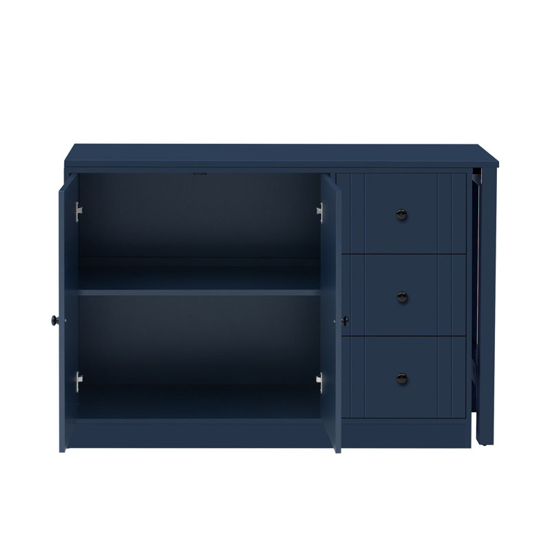 Îlot de cuisine en bois 89,7 po avec table extensible, Bleu
