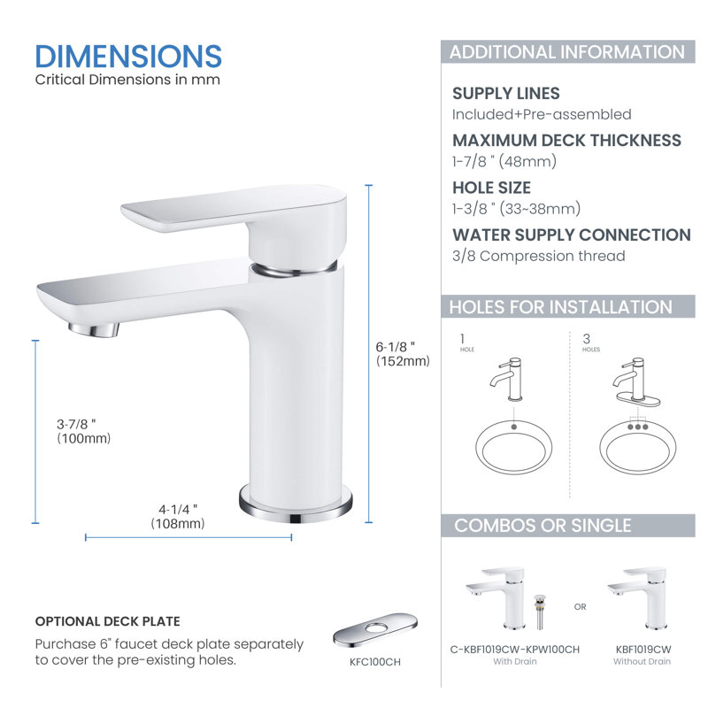Tender Single-handle Bathroom Faucet with Drain Assembly, Chrome/White