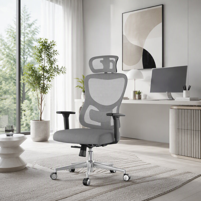 Chaise de bureau ergonomique à haut dossier avec accoudoirs réglables en 3D, Noir / noir / gris