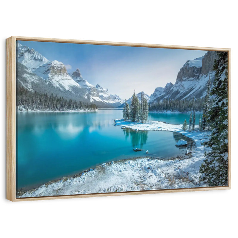 Spirit Island en hiver, Cadre flottant en bois naturel, 40 po x 27 po